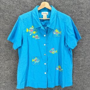 Bobbie Brooks Shirt Women 16W Plus Blue Fish Print Embroidered Button Up Linen